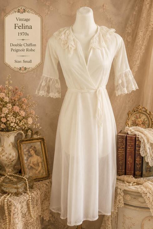 Felina Other - Vintage Felina 70s Ruffled Collar Double Chiffon Peignoir Robe S
